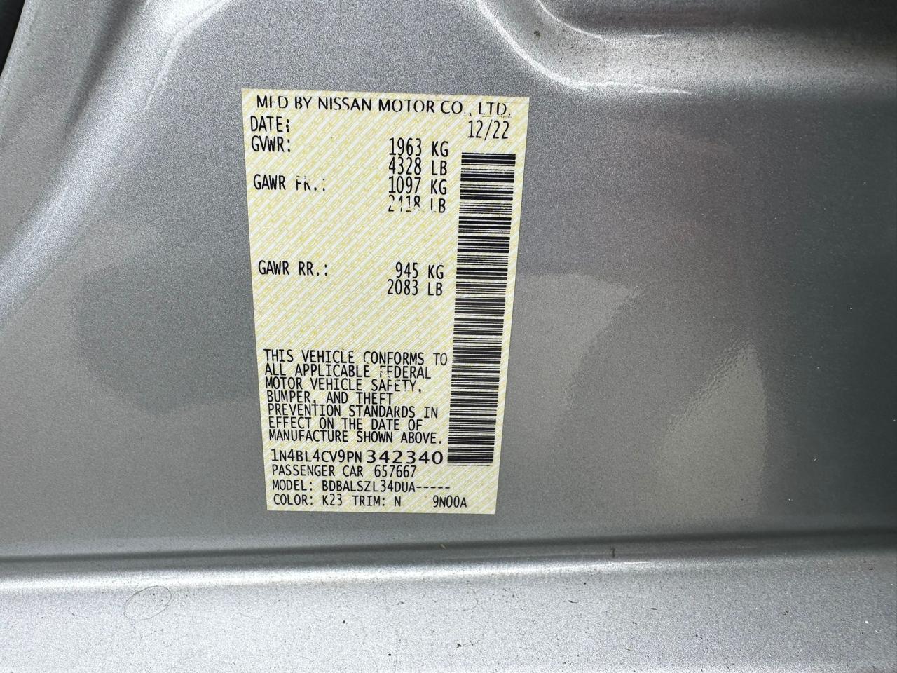 2023 NISSAN ALTIMA SR VIN:1N4BL4CV9PN342340
