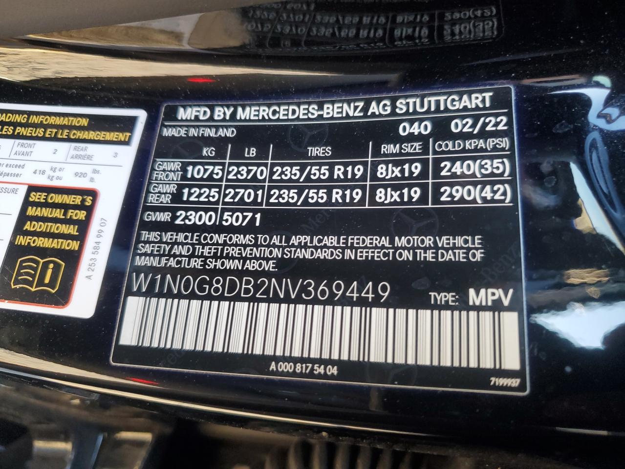 2022 MERCEDES-BENZ GLC 300 VIN:W1N0G8DB2NV369449