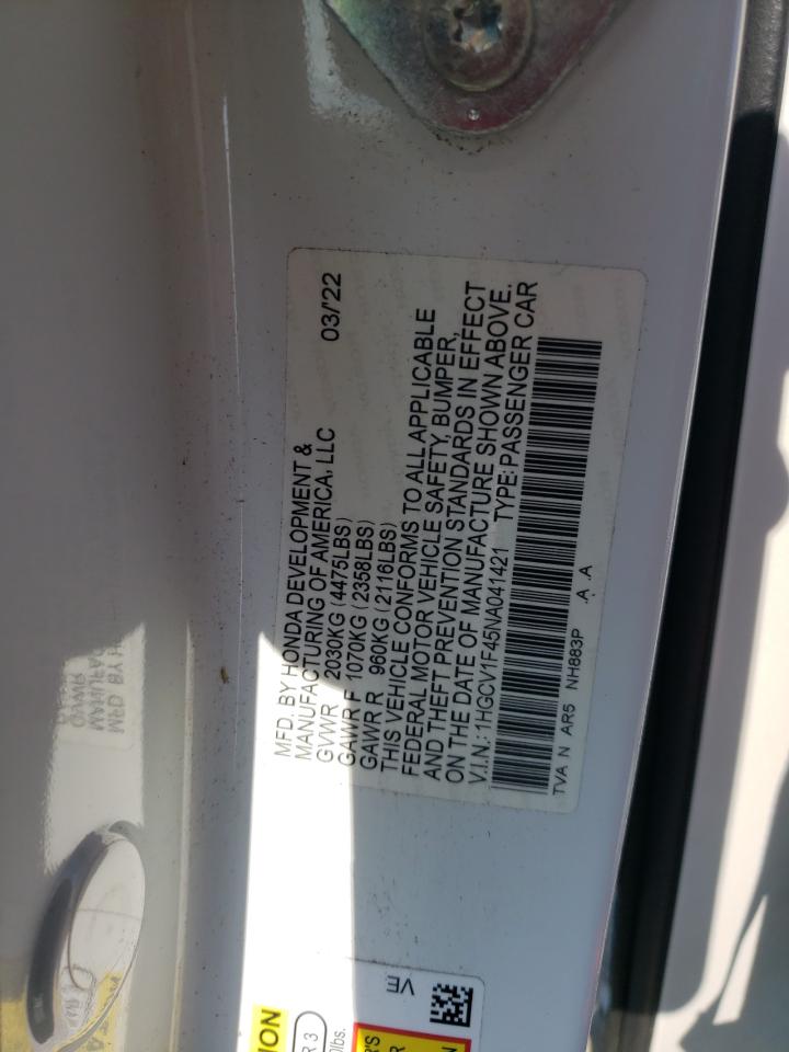 2022 HONDA ACCORD SPORT SE VIN:1HGCV1F45NA041421