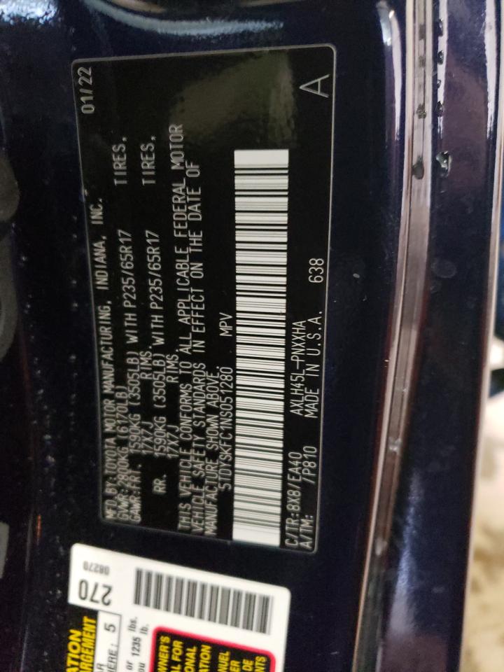 2022 TOYOTA SIENNA XLE VIN:5TDYSKFC1NS051280