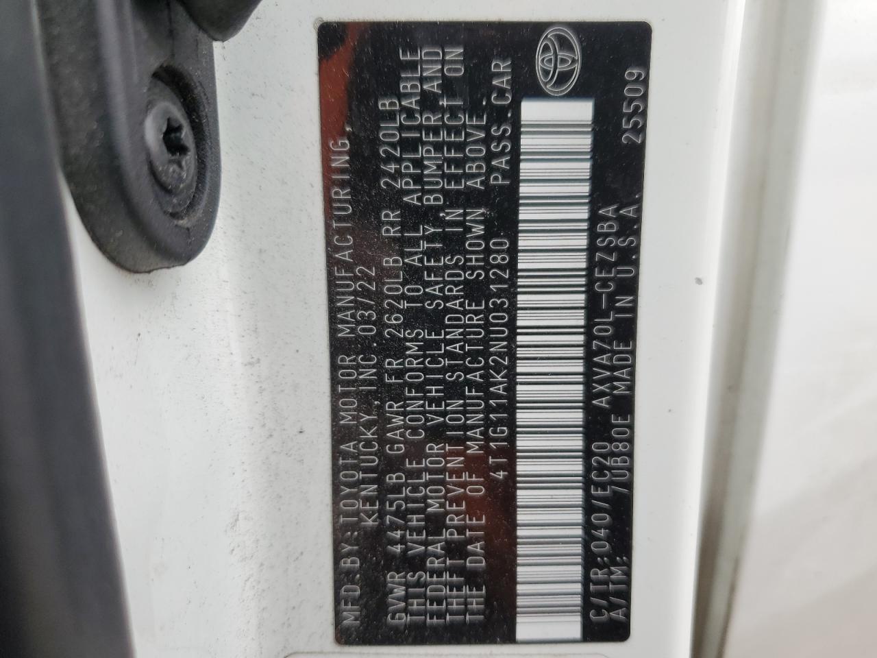 2022 TOYOTA CAMRY SE VIN:4T1G11AK2NU031280