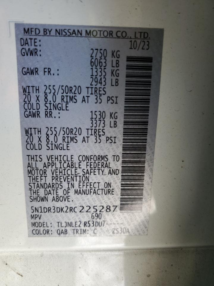 2024 NISSAN PATHFINDER PLATINUM VIN:5N1DR3DK2RC225287