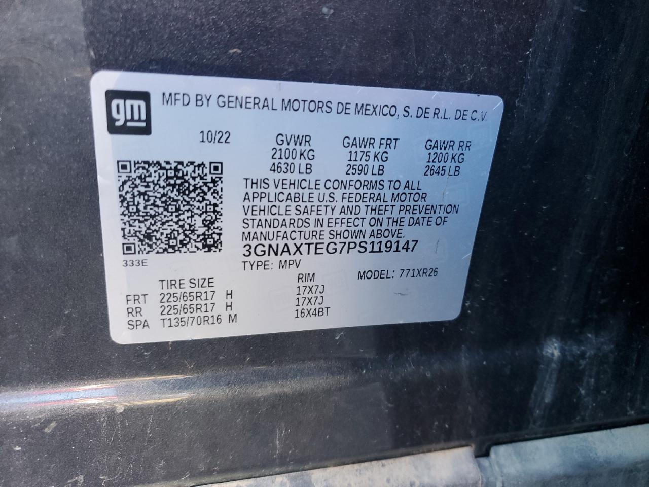 2023 CHEVROLET EQUINOX LT VIN:3GNAXTEG7PS119147