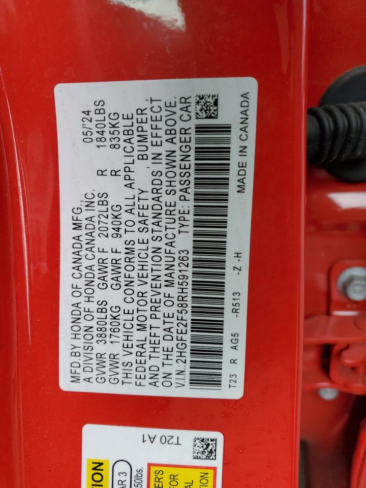 2024 HONDA CIVIC SPORT VIN:2HGFE2F58RH591263