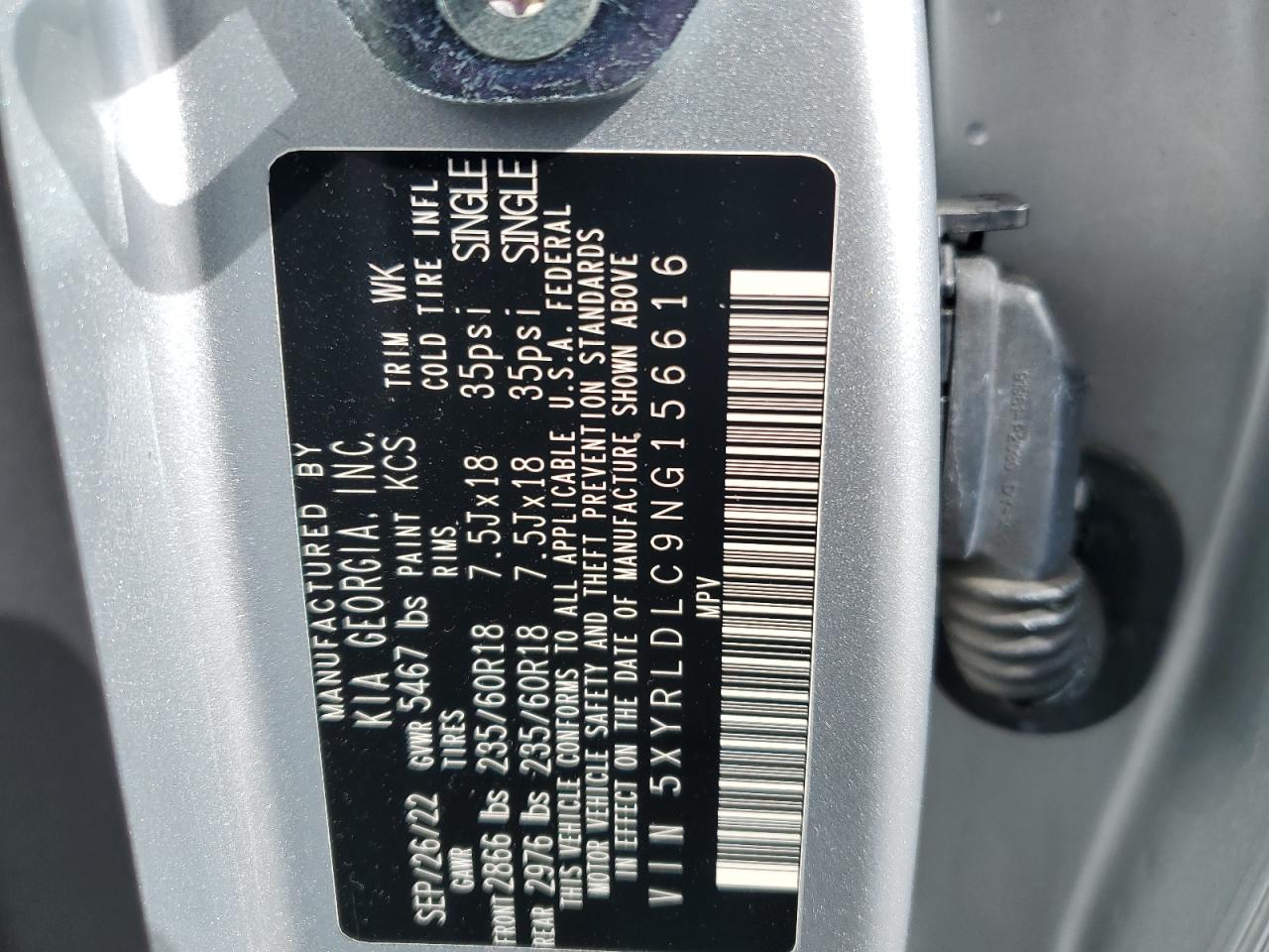 2022 KIA SORENTO S VIN:5XYRLDLC9NG156616