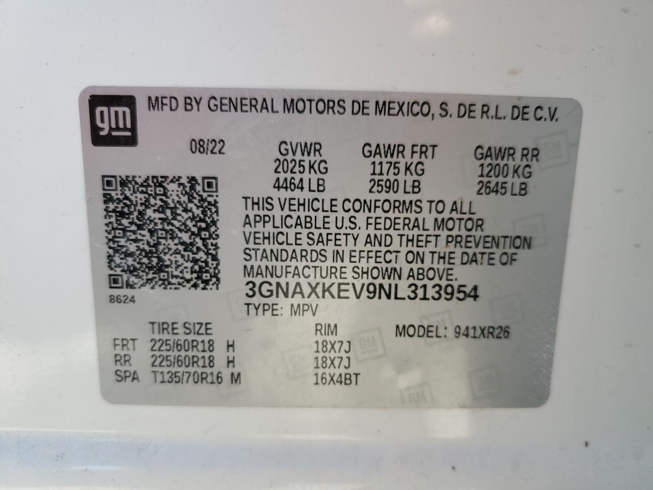 2022 CHEVROLET EQUINOX LT VIN:3GNAXKEV9NL313954