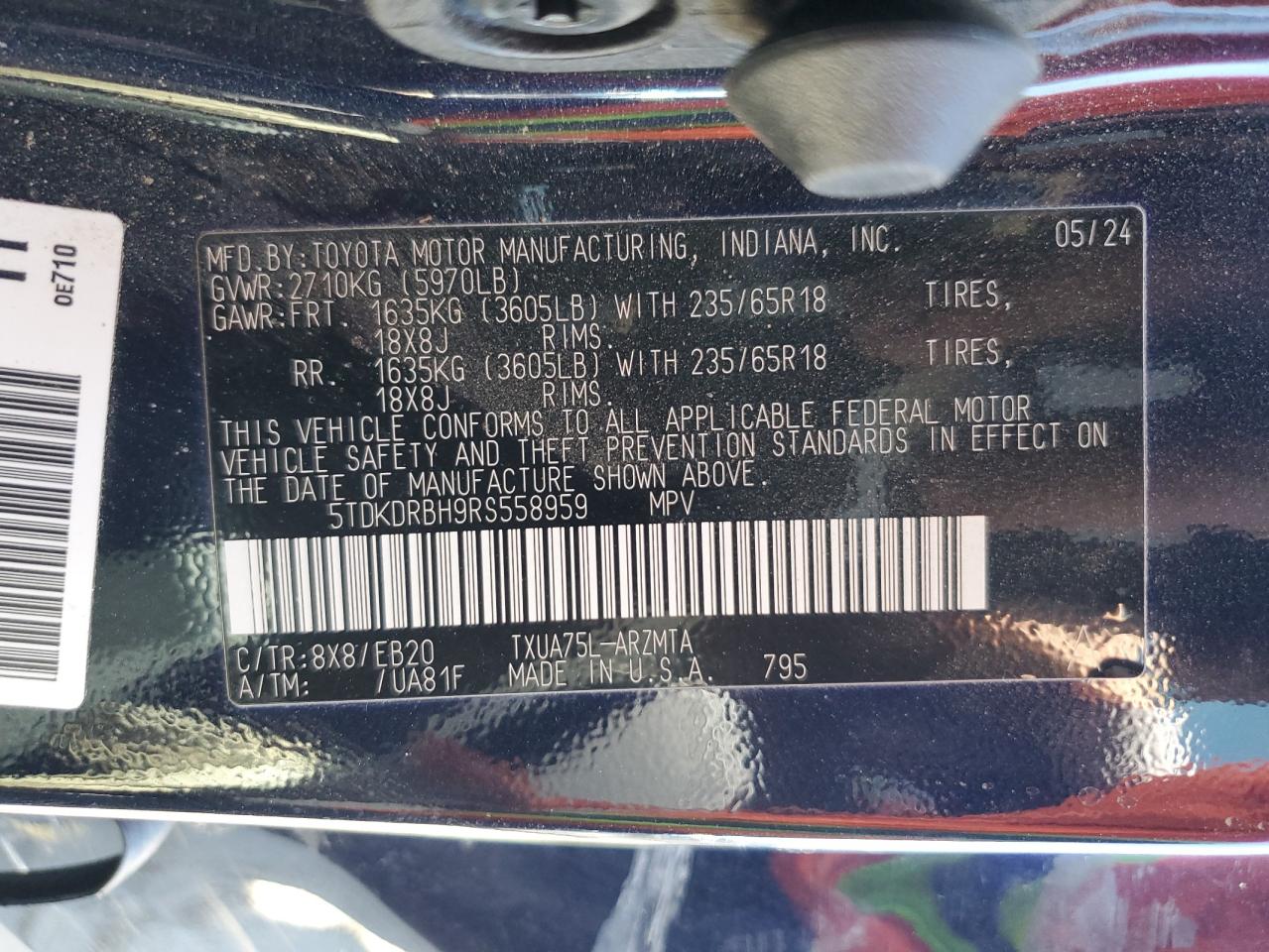 2024 TOYOTA HIGHLANDER LE VIN:5TDKDRBH9RS558959