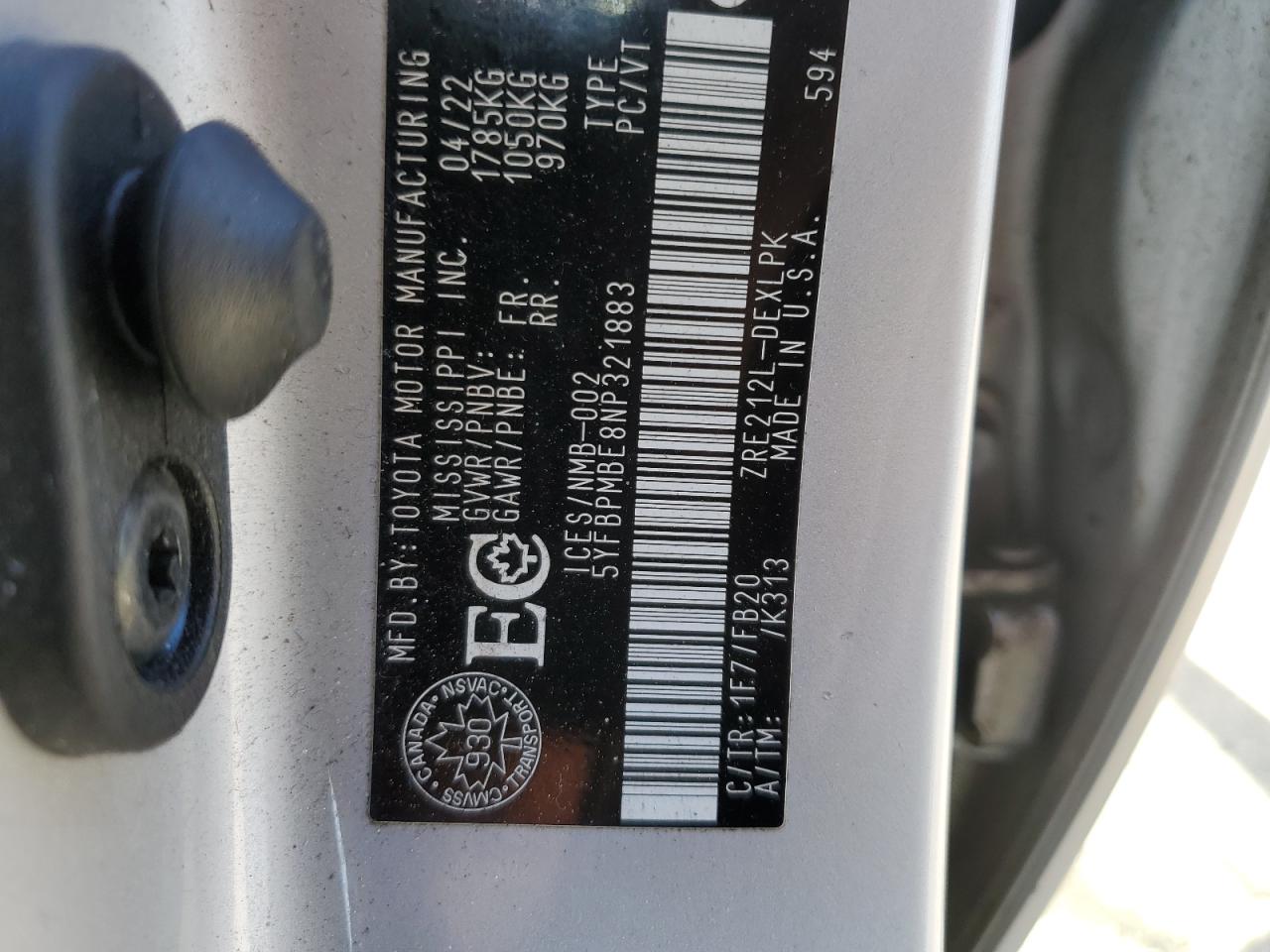 2022 TOYOTA COROLLA LE VIN:5YFBPMBE8NP321883
