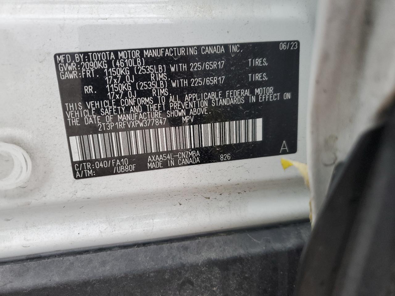 2023 TOYOTA RAV4 XLE VIN:2T3P1RFVXPW377847