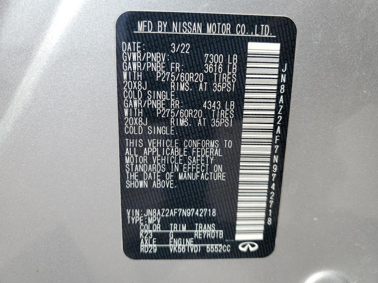 2022 INFINITI QX80 LUXE VIN:JN8AZ2AF7N9742718