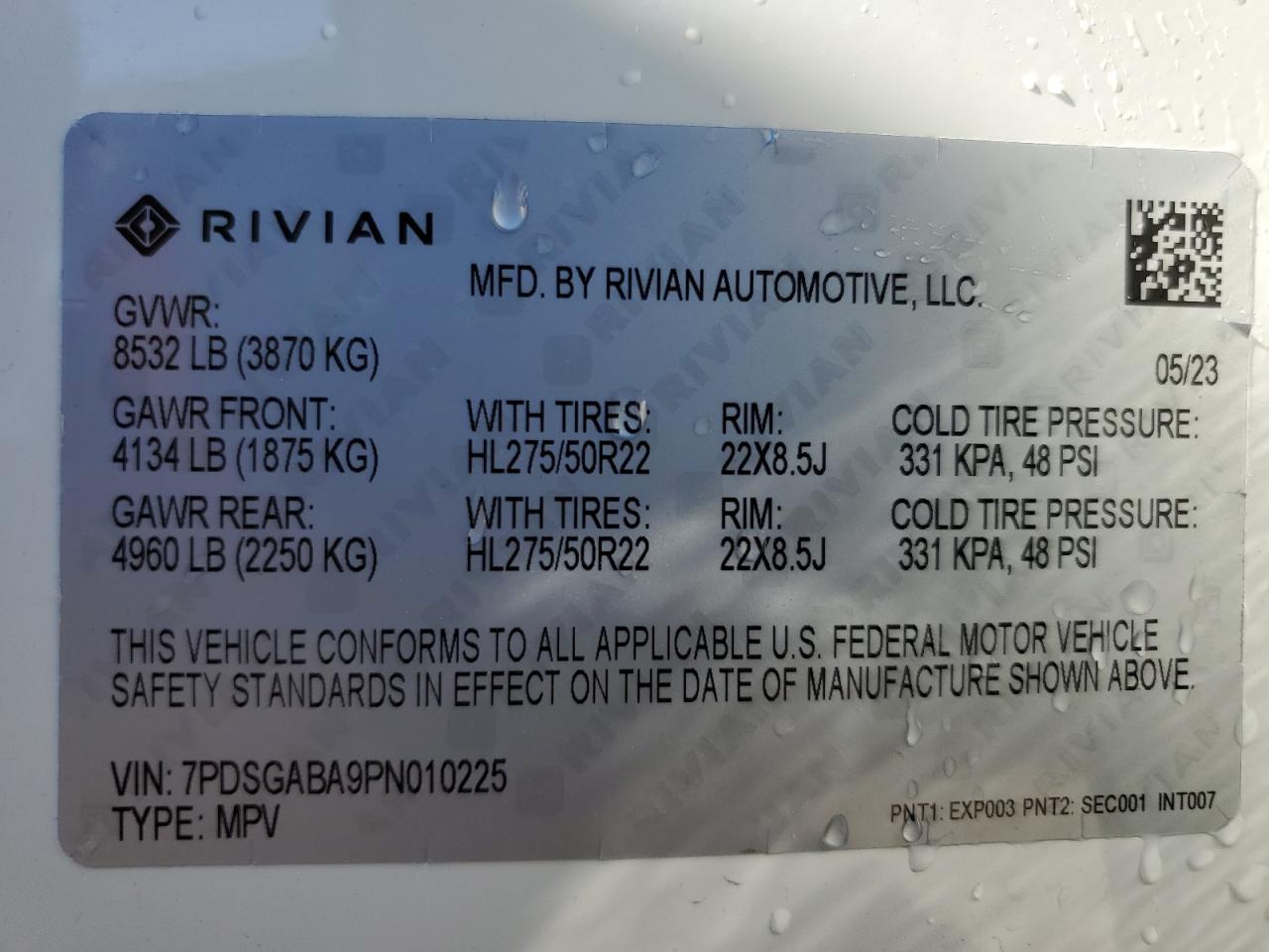 2023 RIVIAN R1S ADVENTURE VIN:7PDSGABA9PN010225