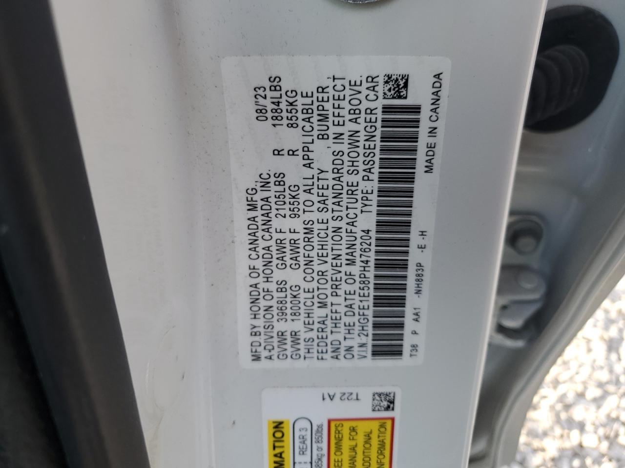 2023 HONDA CIVIC SI VIN:2HGFE1E58PH476204