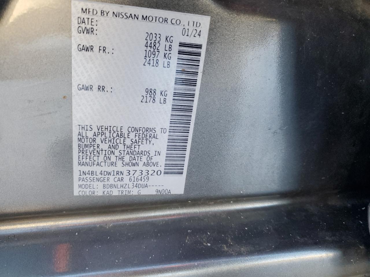 2024 NISSAN ALTIMA SV VIN:1N4BL4DW1RN373320