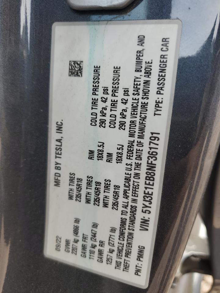 2022 TESLA MODEL 3  VIN:5YJ3E1EB8NF361791