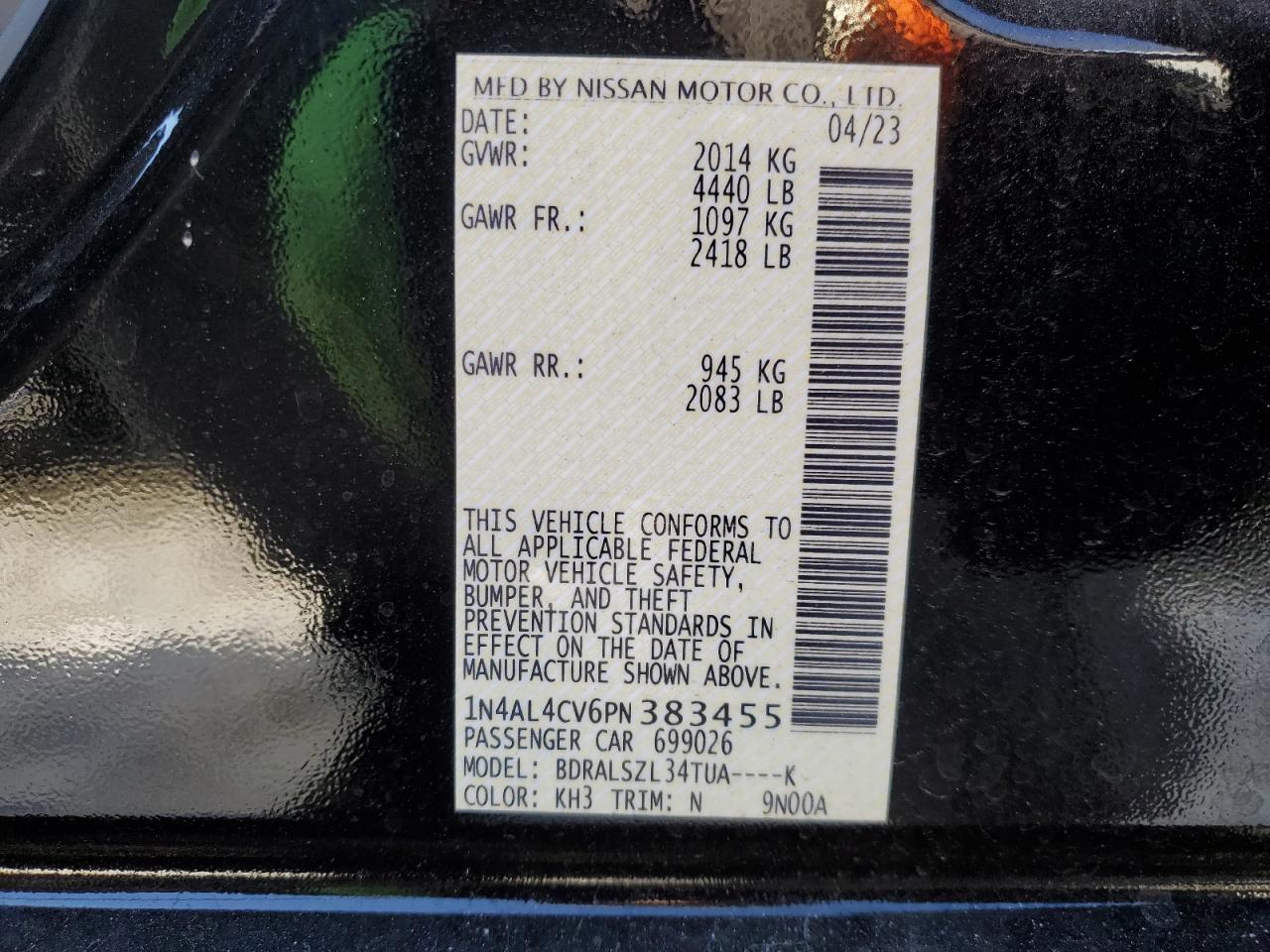 2023 NISSAN ALTIMA SR VIN:1N4AL4CV6PN383455