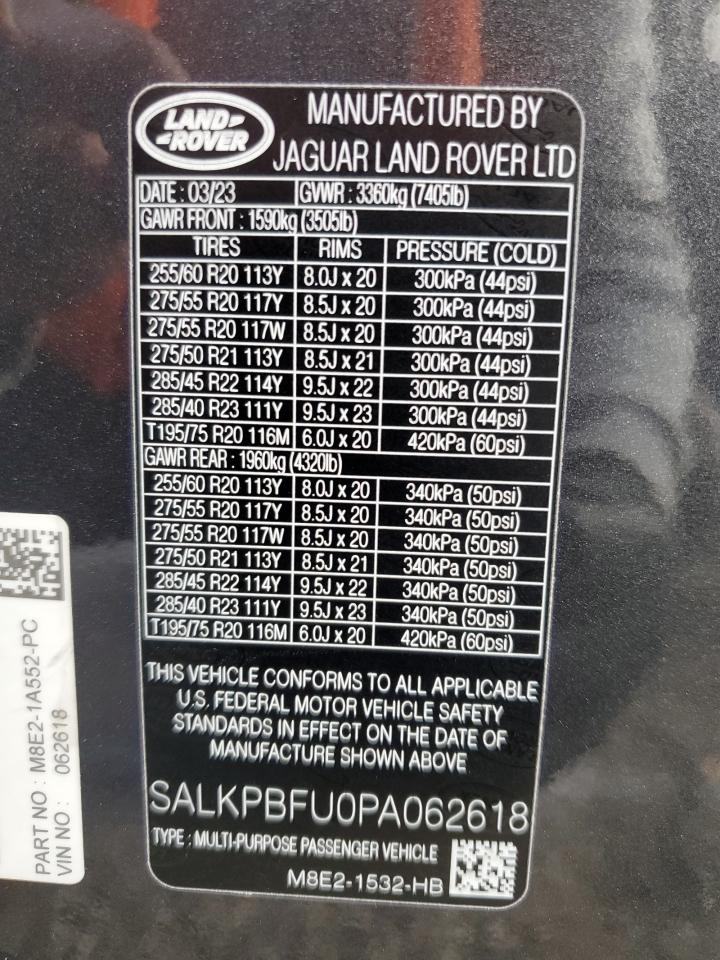 2023 LAND ROVER RANGE ROVER SE VIN:SALKPBFU0PA062618