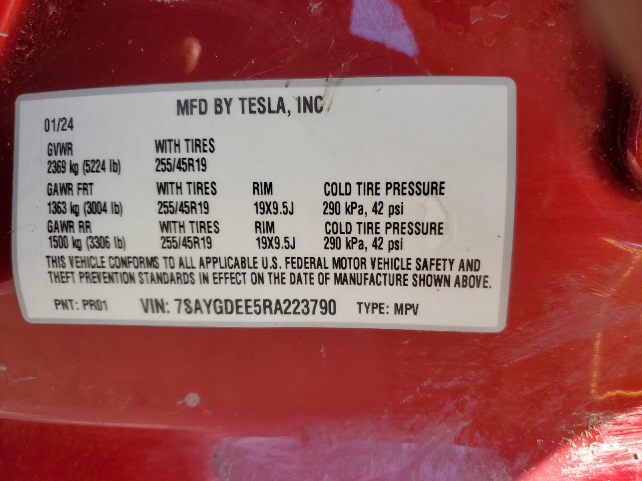 2024 TESLA MODEL Y  VIN:7SAYGDEE5RA223790