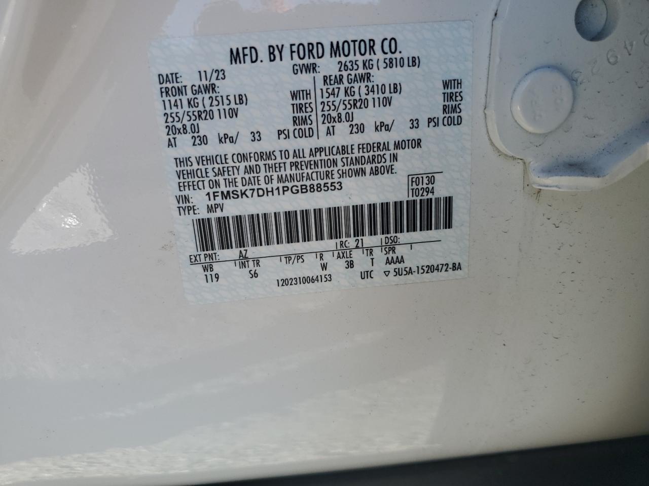 2023 FORD EXPLORER XLT VIN:1FMSK7DH1PGB88553
