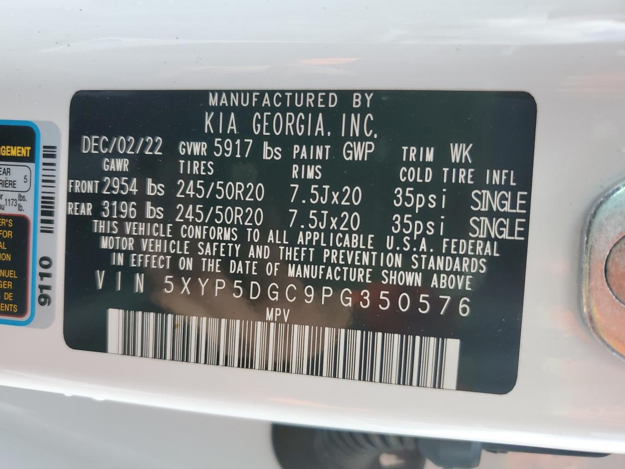 2023 KIA TELLURIDE SX VIN:5XYP5DGC9PG350576