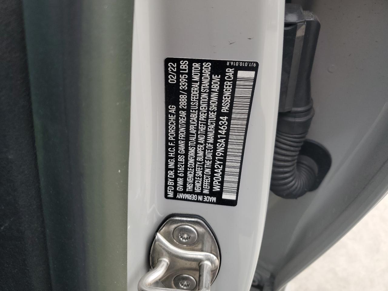 2022 PORSCHE TAYCAN  VIN:WP0AA2Y19NSA14634