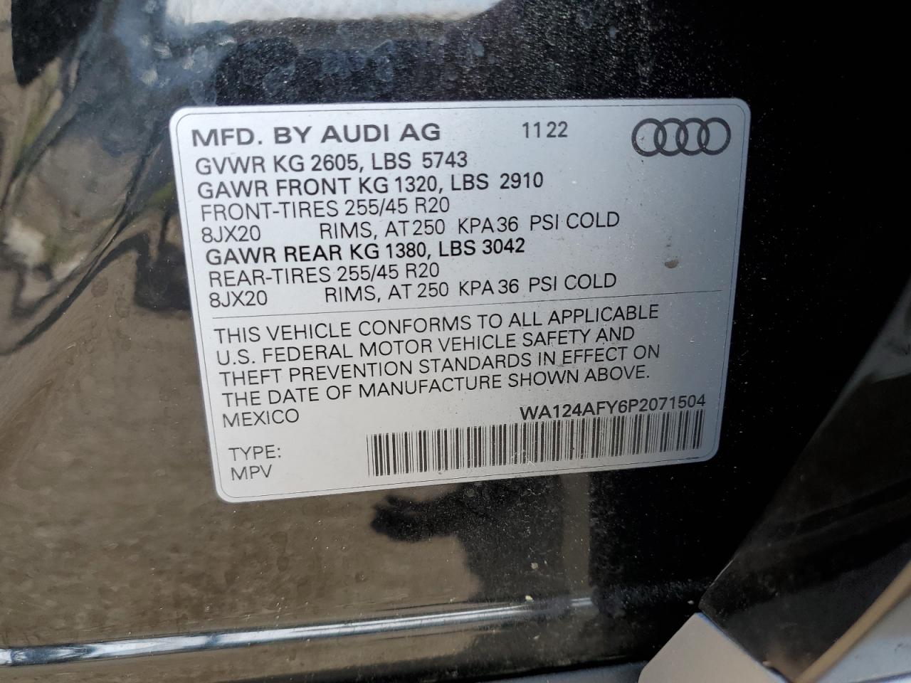 2023 AUDI SQ5 SPORTBACK PREMIUM PLUS VIN:WA124AFY6P2071504