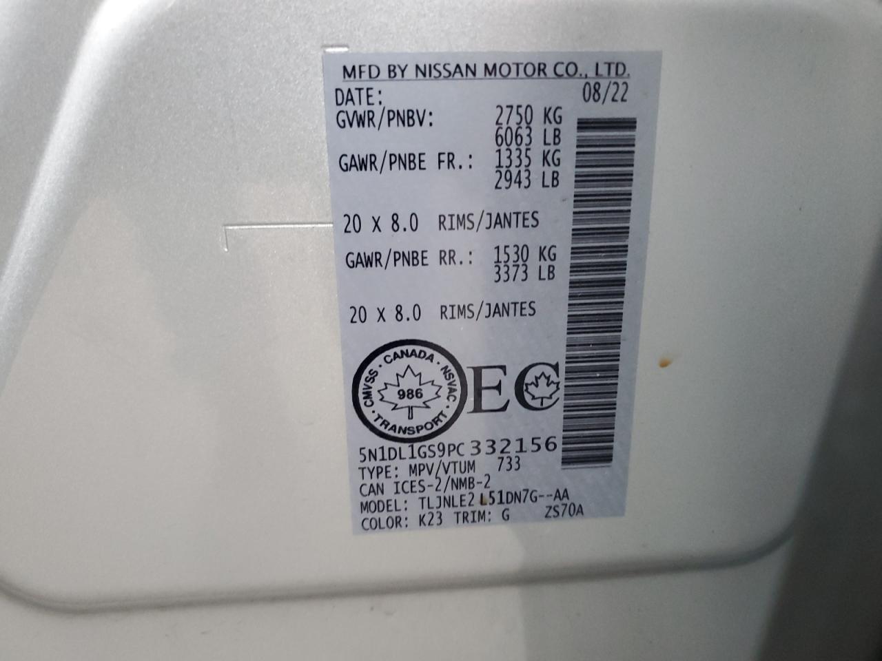 2023 INFINITI QX60 SENSORY VIN:5N1DL1GS9PC332156