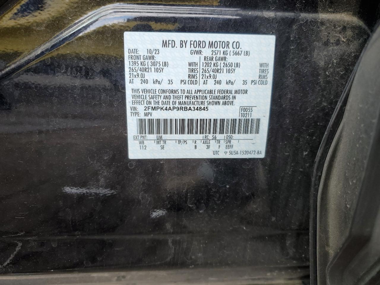 2024 FORD EDGE ST VIN:2FMPK4AP9RBA34845