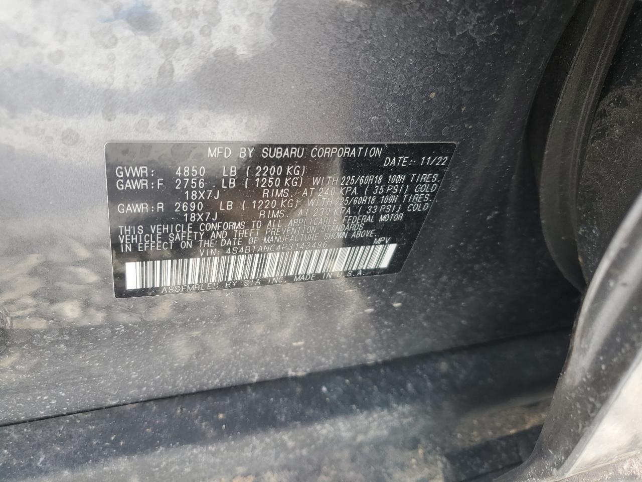 2023 SUBARU OUTBACK LIMITED VIN:4S4BTANC4P3143496