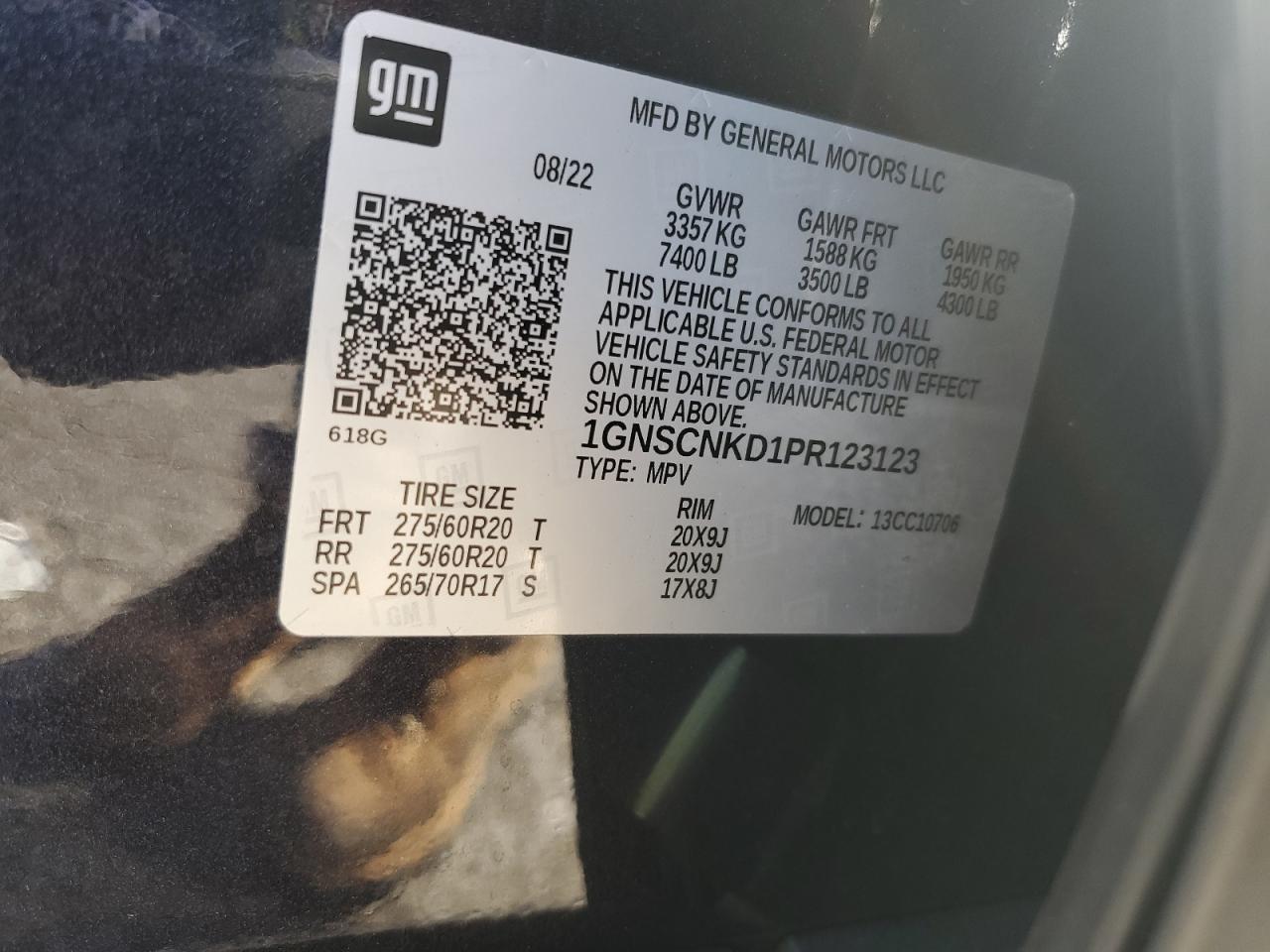 2023 CHEVROLET TAHOE C1500 LT VIN:1GNSCNKD1PR123123