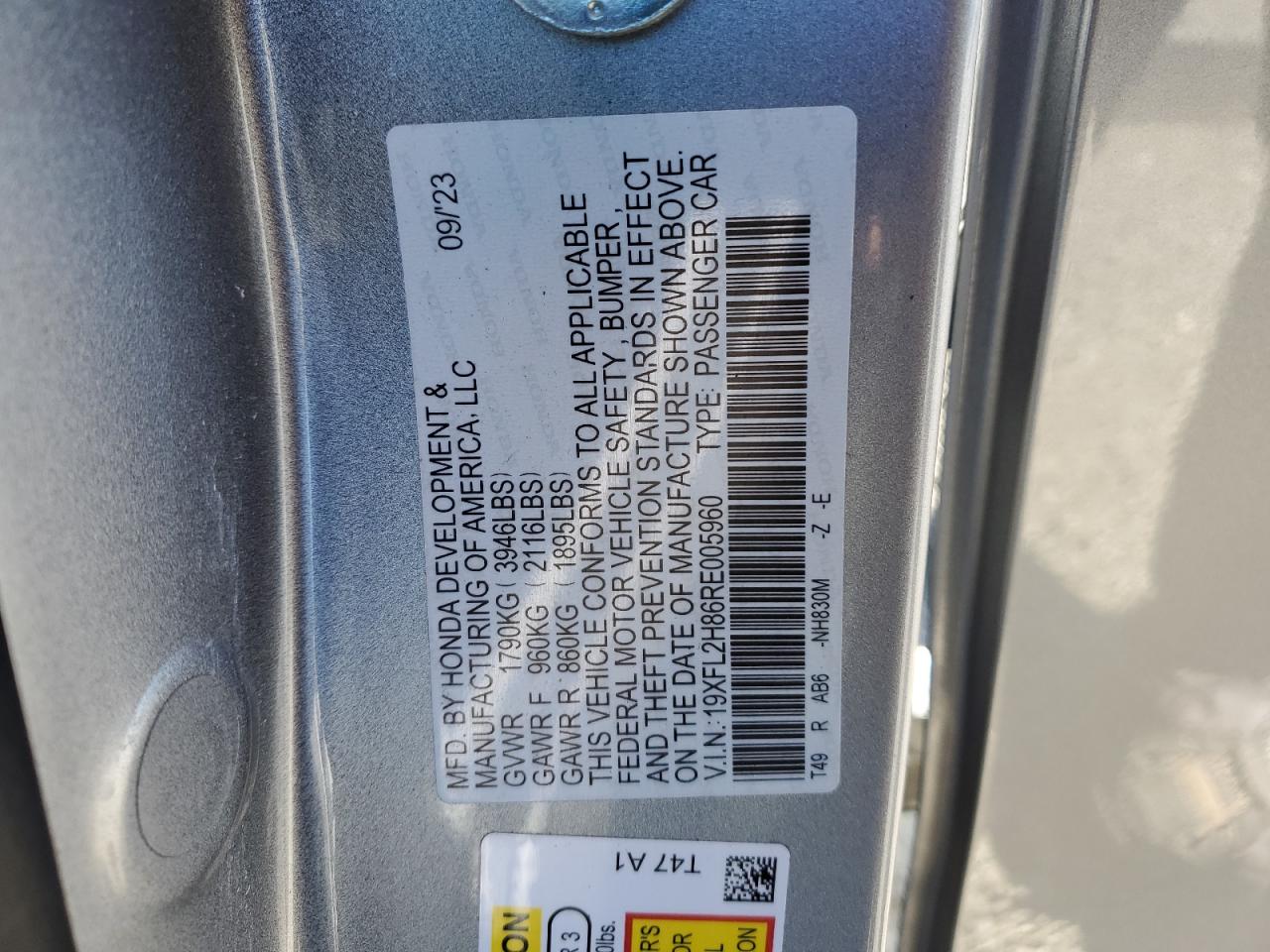 2024 HONDA CIVIC SPORT VIN:19XFL2H86RE005960