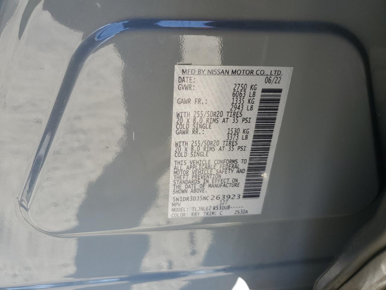 2022 NISSAN PATHFINDER PLATINUM VIN:5N1DR3DJ5NC263923