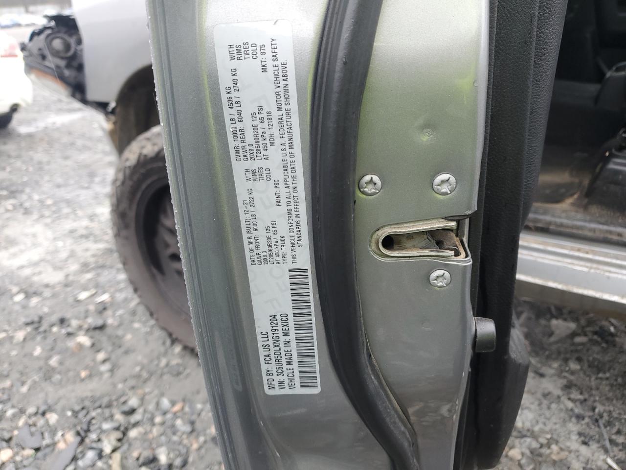 2022 RAM 2500 BIG HORN/LONE STAR VIN:3C6UR5DLXNG191204