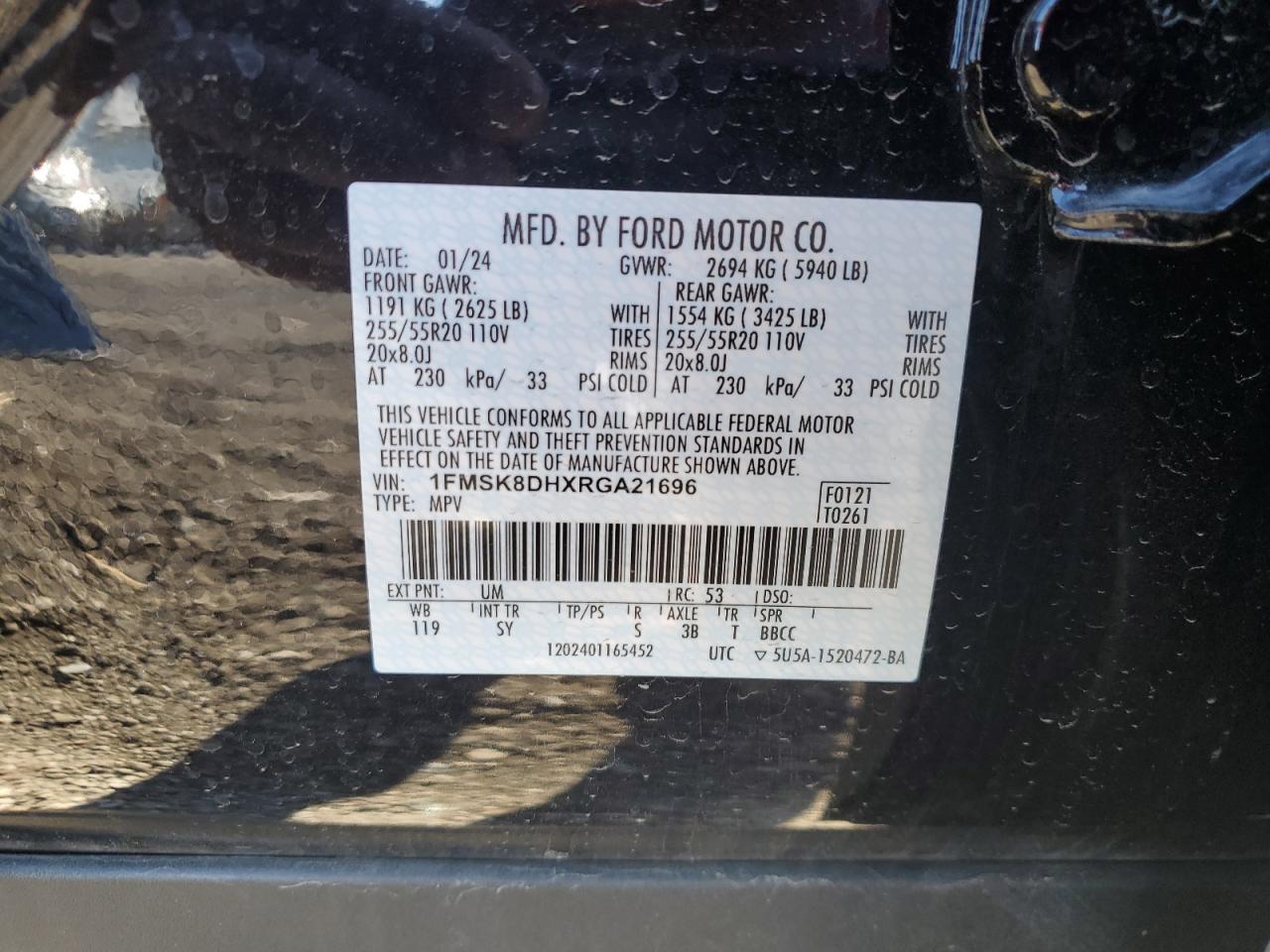 2024 FORD EXPLORER XLT VIN:1FMSK8DHXRGA21696