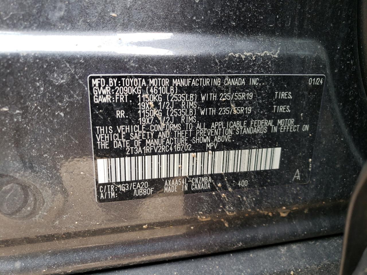 2024 TOYOTA RAV4 XLE PREMIUM VIN:2T3A1RFV2RC416702
