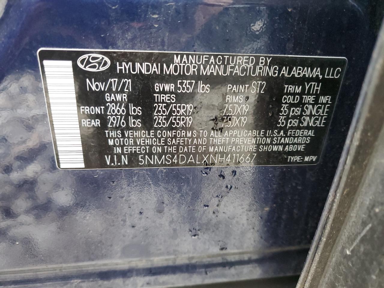 2022 HYUNDAI SANTA FE LIMITED VIN:5NMS4DALXNH411667