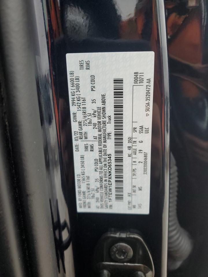 2022 FORD F150 SUPERCREW VIN:1FTEW1EPXNKD65345