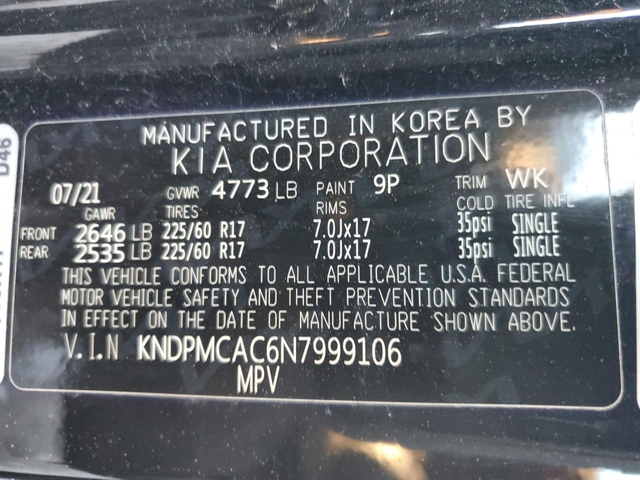 2022 KIA SPORTAGE LX VIN:KNDPMCAC6N7999106