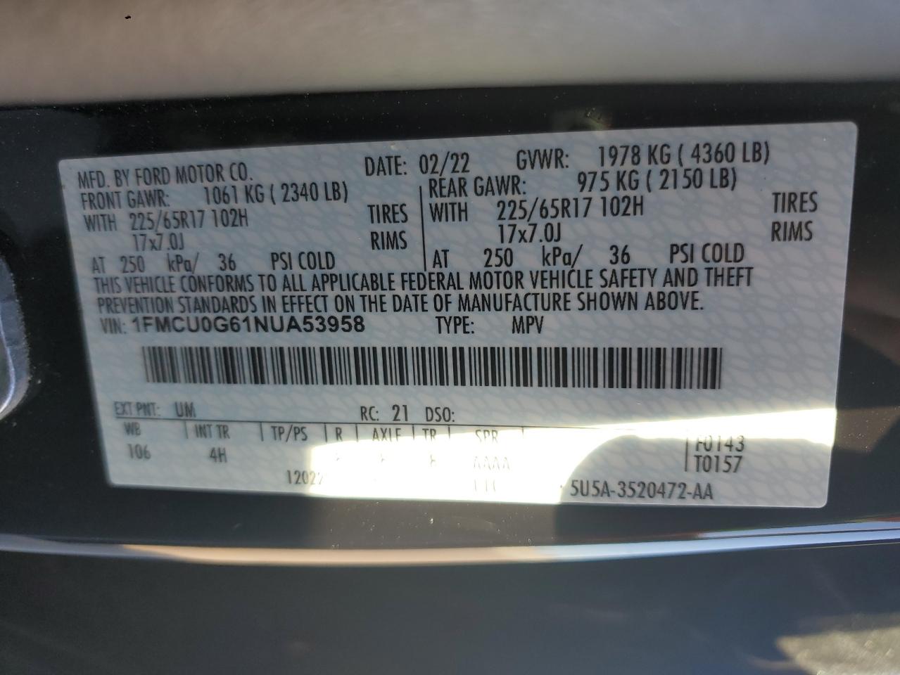 2022 FORD ESCAPE SE VIN:1FMCU0G61NUA53958