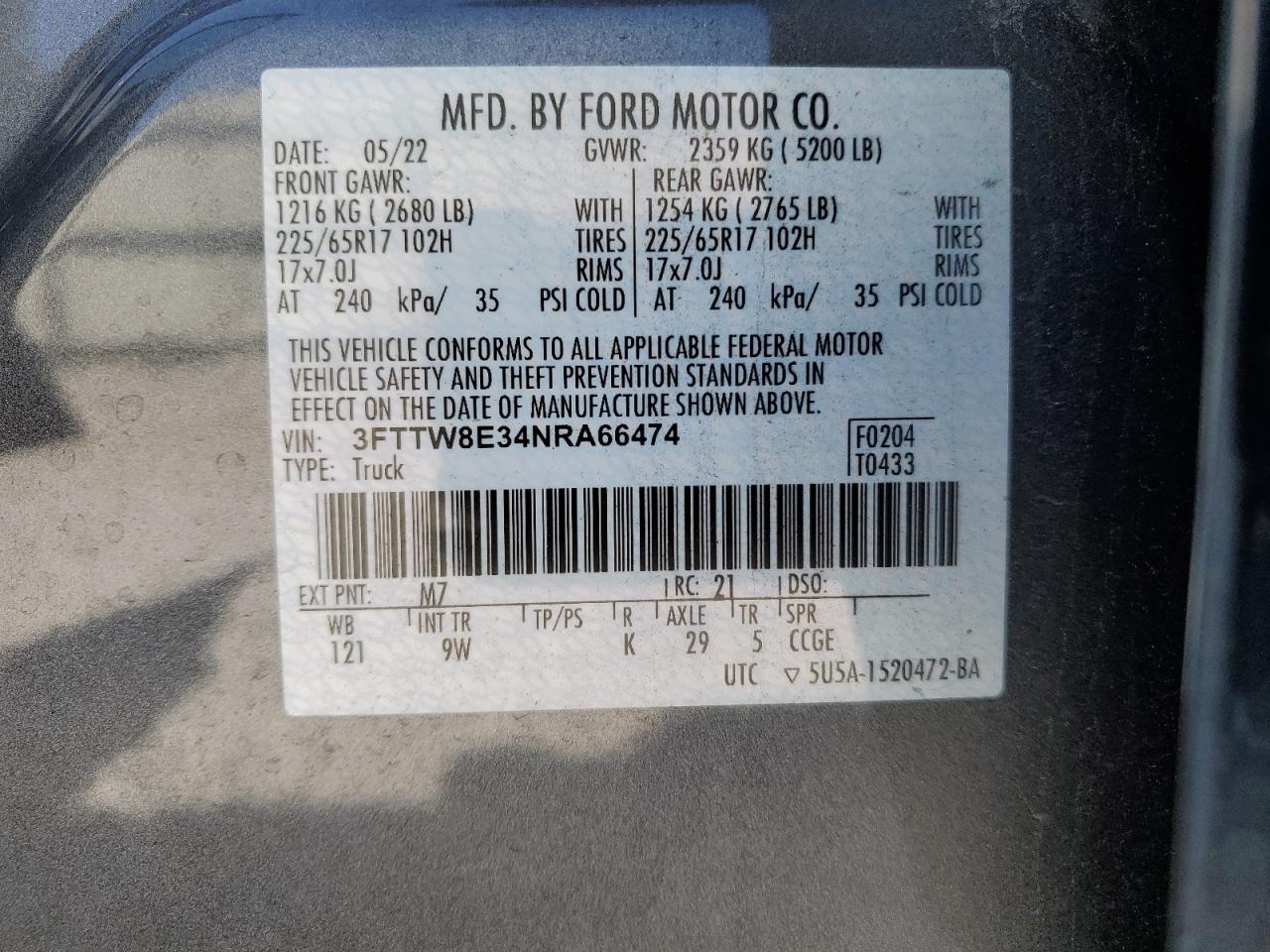 2022 FORD MAVERICK XL VIN:3FTTW8E34NRA66474