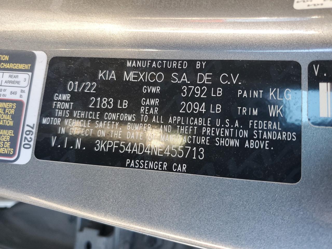 2022 KIA FORTE GT LINE VIN:3KPF54AD4NE455713