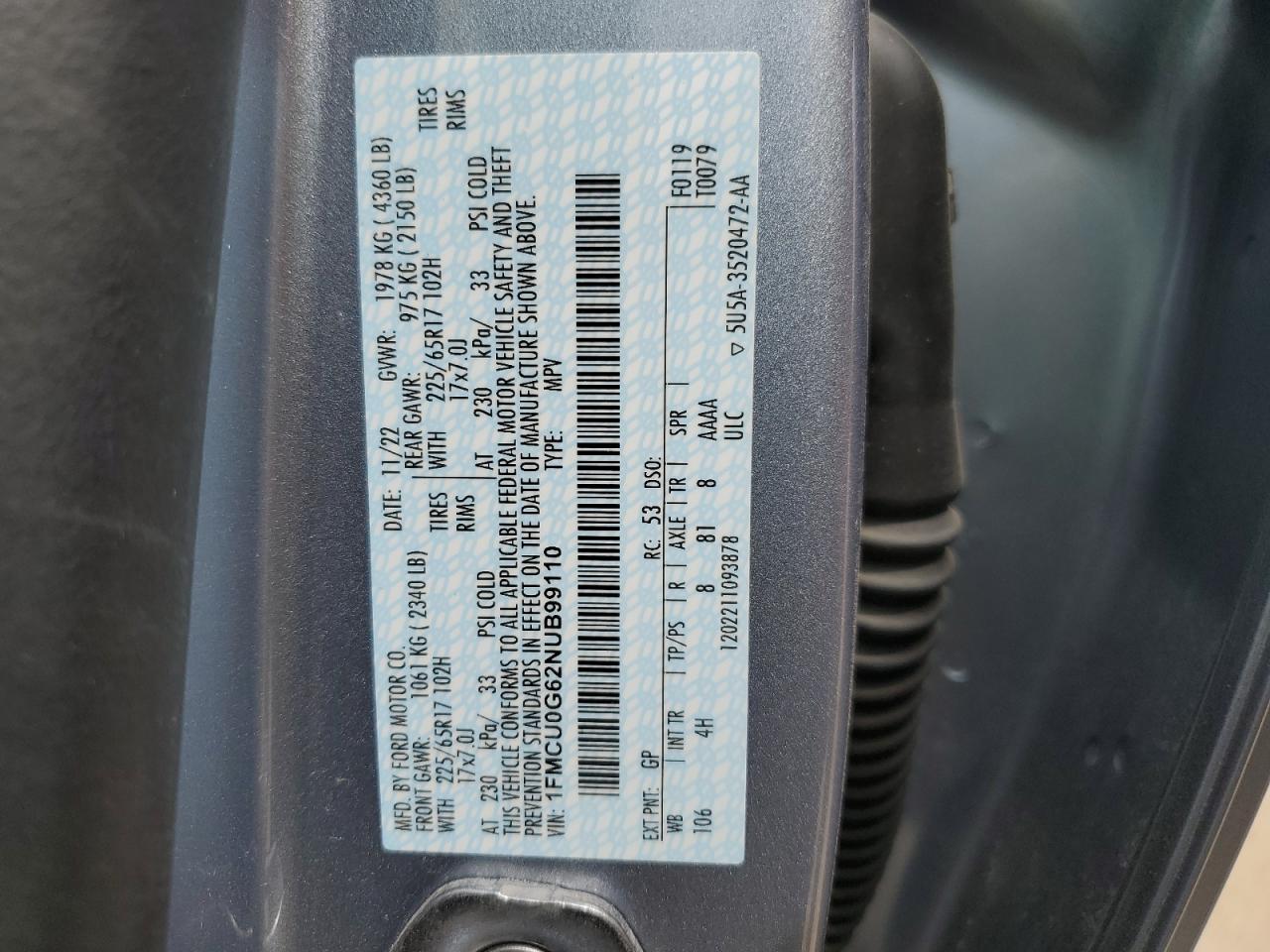 2022 FORD ESCAPE SE VIN:1FMCU0G62NUB99110