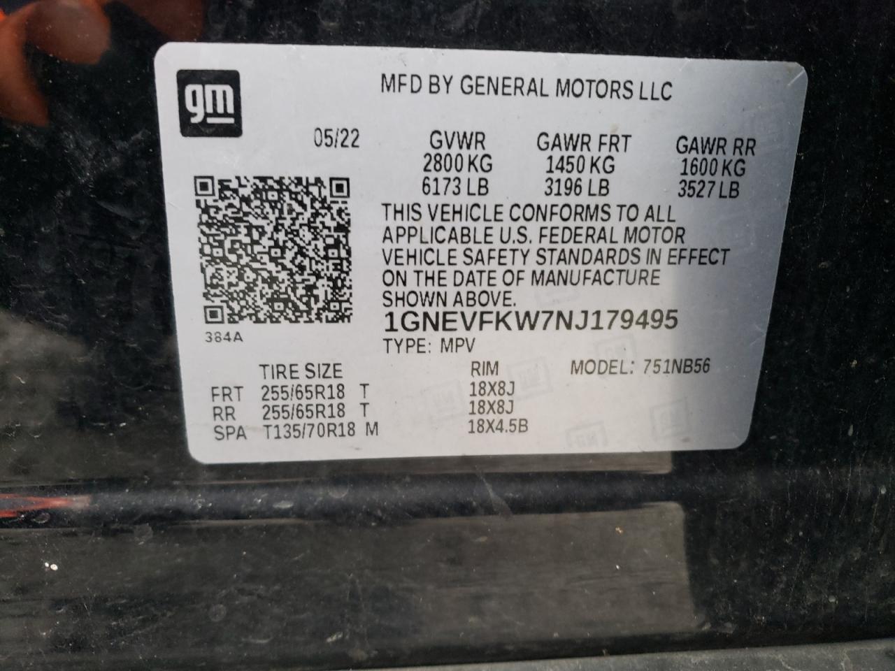 2022 CHEVROLET TRAVERSE LS VIN:1GNEVFKW7NJ179495