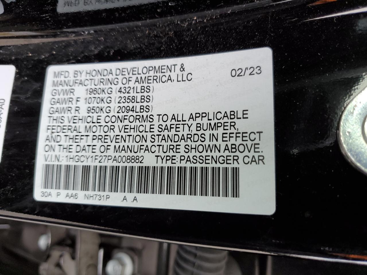 2023 HONDA ACCORD LX VIN:1HGCY1F27PA008882
