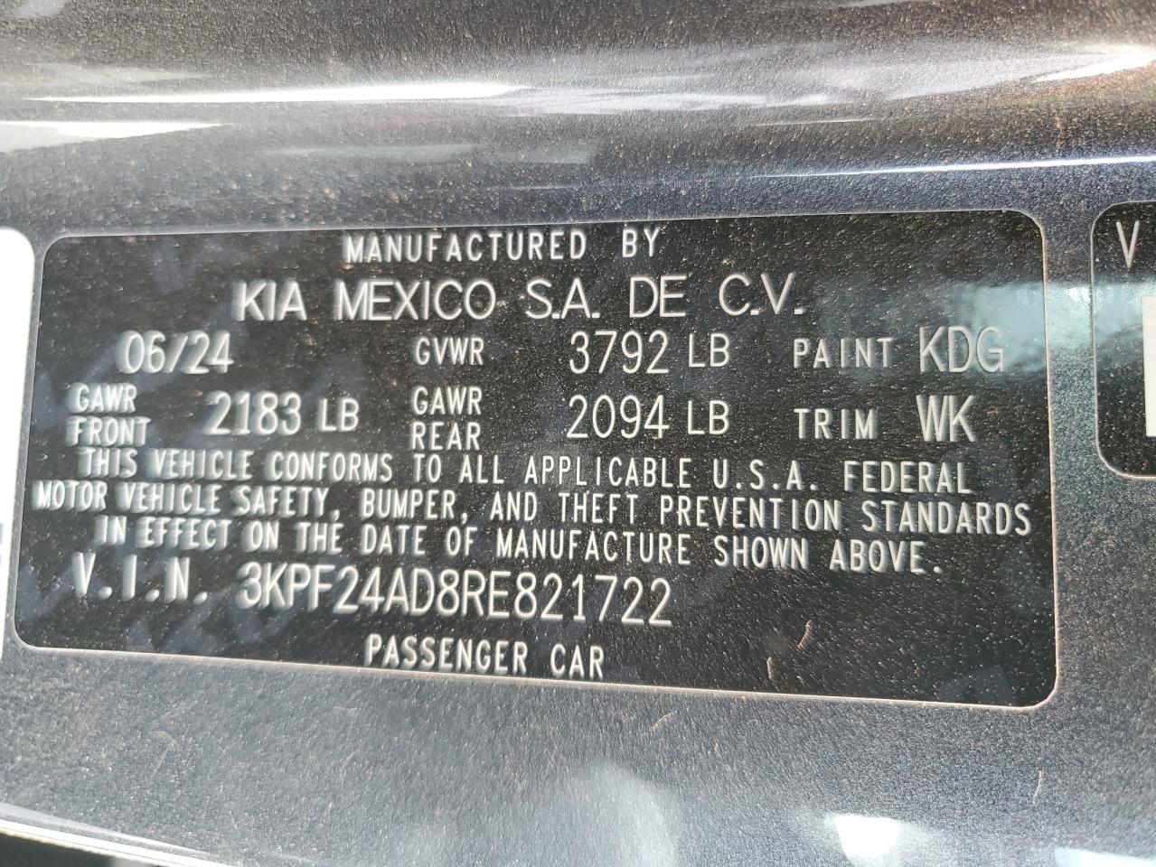 2024 KIA FORTE LX VIN:3KPF24AD8RE821722