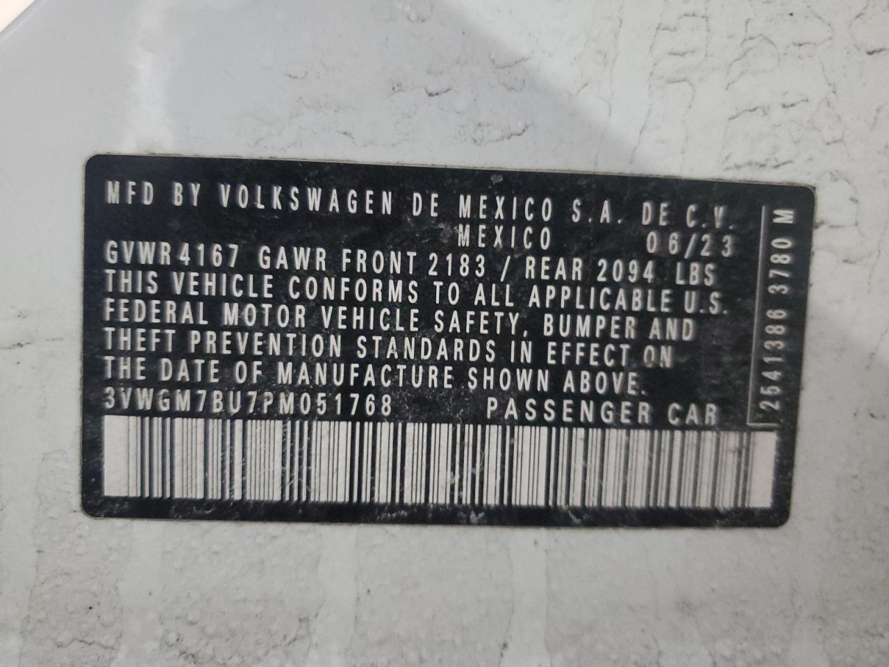 2023 VOLKSWAGEN JETTA SEL VIN:3VWGM7BU7PM051768