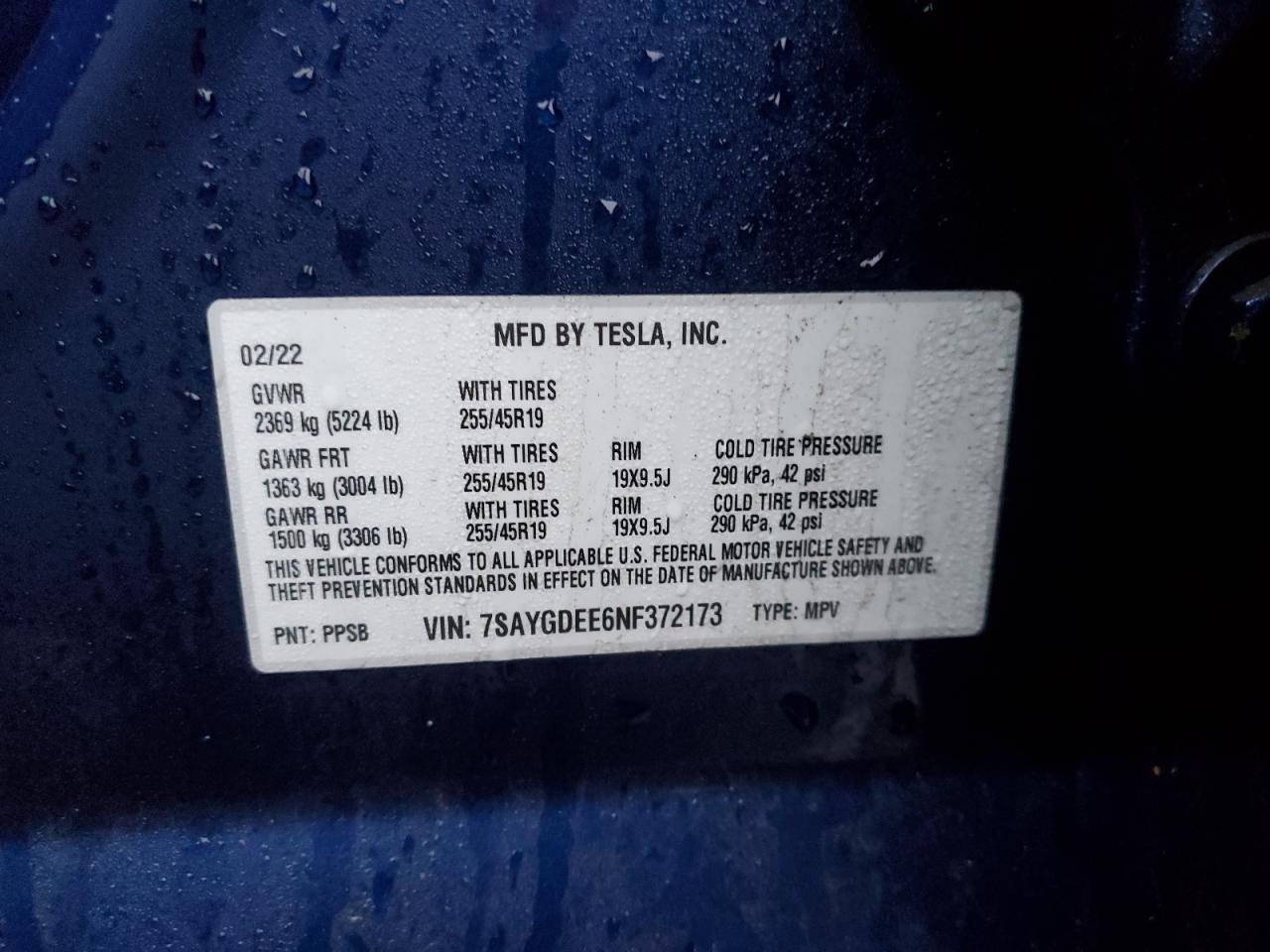 2022 TESLA MODEL Y  VIN:7SAYGDEE6NF372173