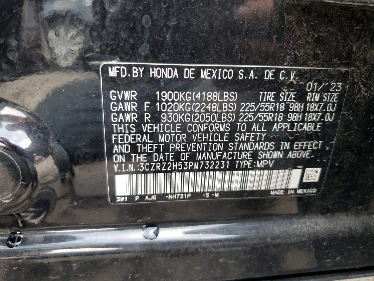 2023 HONDA HR-V SPORT VIN:3CZRZ2H53PM732231