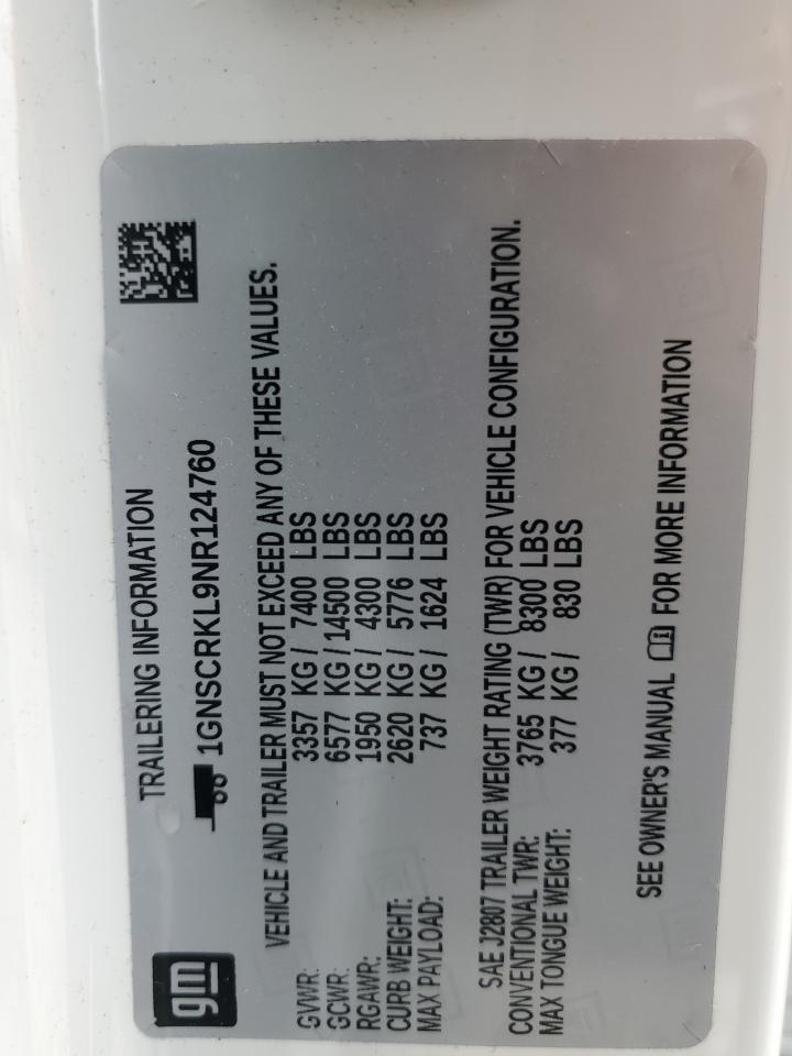 2022 CHEVROLET TAHOE C1500 RST VIN:1GNSCRKL9NR124760