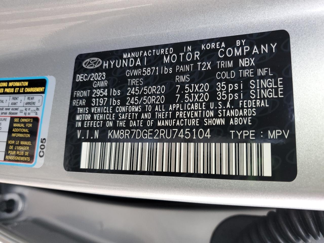 2024 HYUNDAI PALISADE CALLIGRAPHY VIN:KM8R7DGE2RU745104