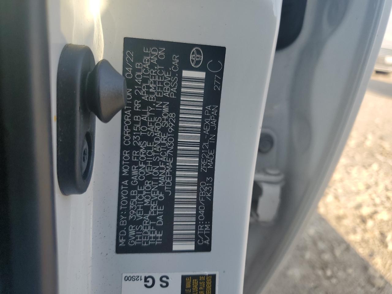 2022 TOYOTA COROLLA LE VIN:JTDEPMAE7N3019928